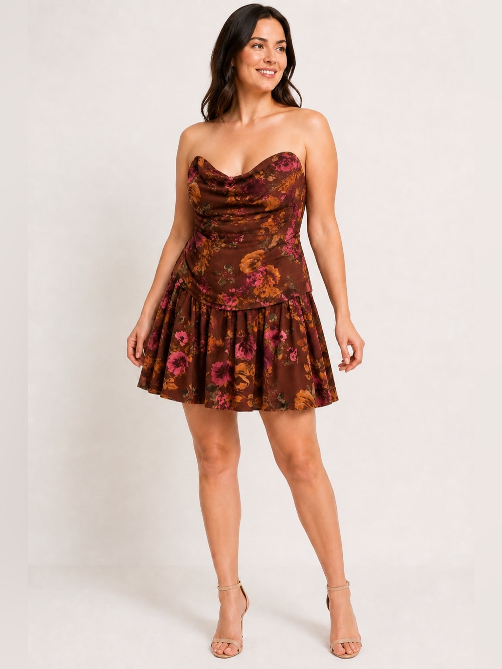 Jessica Simpson Brown Floral Strapless Ruffle Hem Mini Dress